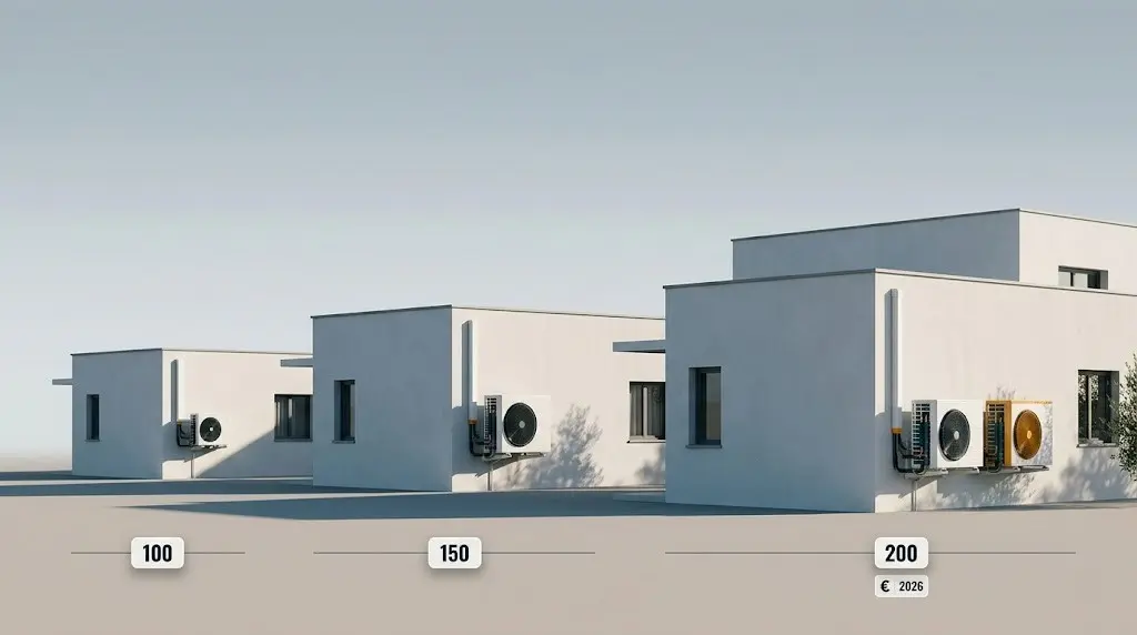 Precio de la aerotermia según los m² de la vivienda: 100, 150 y 200 m²